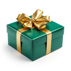 green gift box with gold bow on white background сreated with Generative Ai