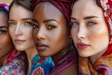 A diverse group of women are seen wearing headscarves and scarves. Generative AI - obrazy, fototapety, plakaty