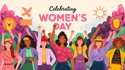 Colorful illustration, womens of various ethnicities and ages celebrating Women's Day. They are standing with their fists raised and holding up symbols like the sun, a heart, and a book.