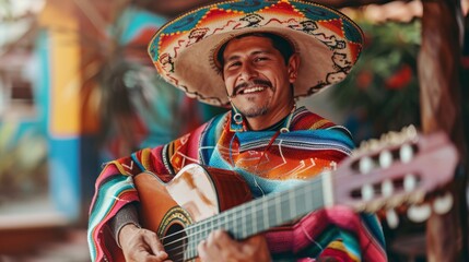 Elderly Mexican musician playing guitar, wearing a sombrero and colorful serape, joyful expression, cultural authenticity. - obrazy, fototapety, plakaty