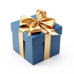 blue gift box with gold bow on white background сreated with Generative Ai
