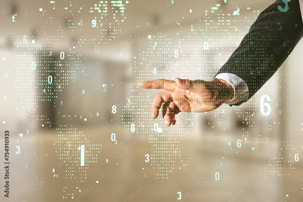 Poster Double exposure of man hand working with abstract creative programming illustration and world map on blurred office background, big data and blockchain concept