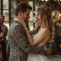 Fototapeta premium A romantic moment as a stylish groom holds his beautiful bride, set in a luxurious wedding venue