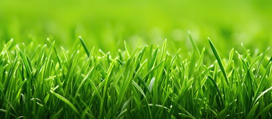 A closeup shot of a vibrant green grass field with a blurred background, showcasing the beauty of a natural landscape filled with terrestrial plants