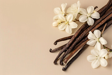 Top view of dry Vanilla beans and flowers on beige background with copy space