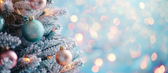 The crisp, frost-coated pine branches under the soft winter's twilight glow with festive lights, casting a serene and enchanting spell of holiday cheer and tranquil winter beauty.