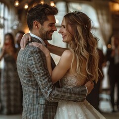Fototapeta premium The loving couple pictured in an intimate embrace as blurred guests witness in the background