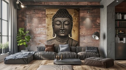 Buddha artwork in a modern living room, blending spirituality with contemporary interior design. Suitable for home decor themes.