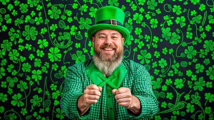 A man dressed in a green Saint Patrick's Day costume, holding two clover leaves and a shamrock.