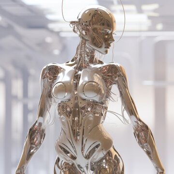 A futuristic robot with a sleek metallic exterior and intricate circuitry