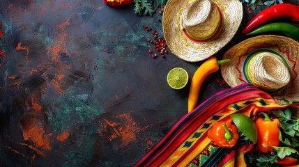 Vibrant Mexican-inspired setup with a sombrero and colorful flowers on a textured rustic background.