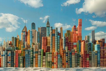 A painting depicting a city skyline entirely constructed of books, symbolizing knowledge, creativity, and imagination. Generative AI - obrazy, fototapety, plakaty