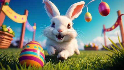 White Easter bunny running in a green field with two colorful Easter eggs nearby. The bunny has a big smile on its face and is surrounded by a blue sky and white clouds.