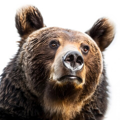 Close-Up Portrait of a Brown Bear With Attentive Gaze on a White Background. AI. - obrazy, fototapety, plakaty