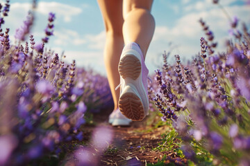 Back view of woman's legs with sport shoes jogging in through vield of lavender flowers