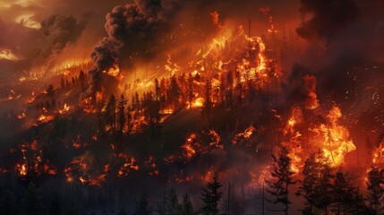 A haunting view of a forest ablaze with fire, illuminating the night with fierce orange flames, highlighting the severity of wildfires