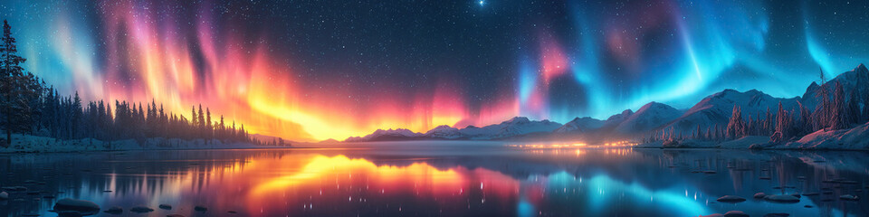 panorama with northern lights in night starry sky over lake with mountains in winter