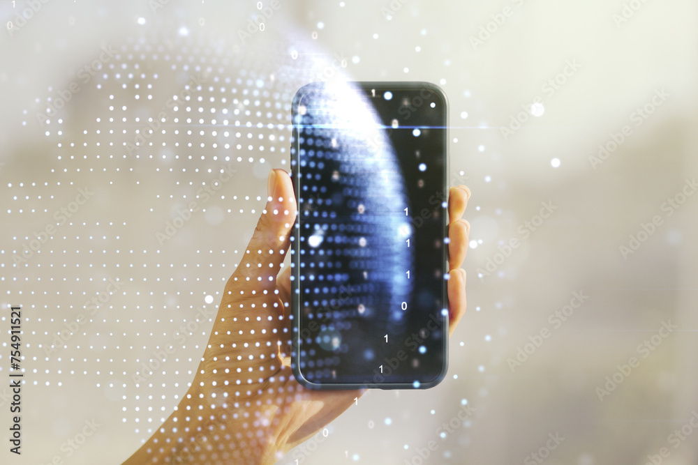 Poster multi exposure of abstract creative digital world map and hand with cell phone on background, resear