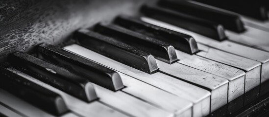 A black and white photo showcasing the elegance of a piano keyboard a musical instrument accessory made of wood and metal, a composite material in the realm of technology