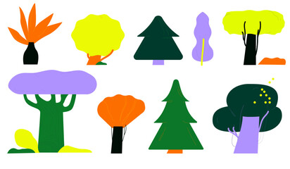 Trees set. Abstract forest plants in modern style. Spring crowns, trunks, branches. Nature elements. Botanical flat vector illustrations isolated on white background.
