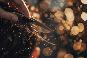 Glistening Haircut Precision Under Golden Lights - Stylish Salon Ambiance Banner