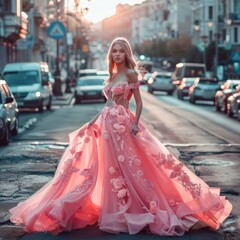 A striking bride in a pink gown walks in a city street at sunset, contrasting traditional bridal themes with a modern flair.