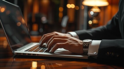 Professional hands typing on a laptop in a warmly lit business setting - obrazy, fototapety, plakaty
