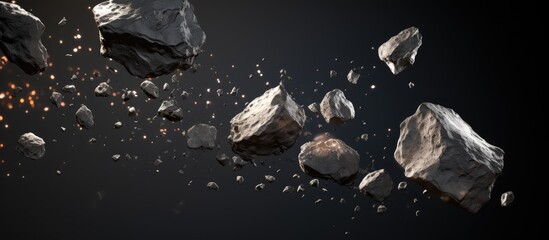 Numerous rocks are soaring through the darkness against a black background, creating a mysterious and intriguing event in nature - obrazy, fototapety, plakaty