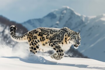 Obraz premium Snow leopard in mid-pounce against a snowy mountain backdrop, exuding wild elegance.