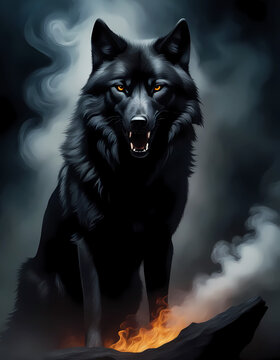 Mystical Black Wolf on a background of smoke