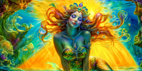 beautiful fantasy mermaid queen. mermaid fantasy wallpapers. beautiful fantasy art portrait, goddess of the sea. mythology being in underwater scene, vintage