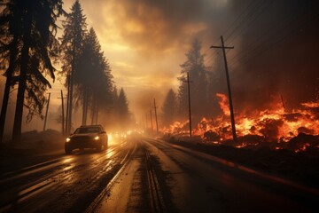 Devastating wildfire raging through dense forest, causing havoc and ecological threats - obrazy, fototapety, plakaty