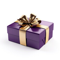Purple gift box with gold bow on white background сreated with Generative Ai