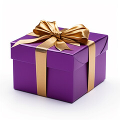 Obraz premium Purple gift box with gold bow on white background сreated with Generative Ai