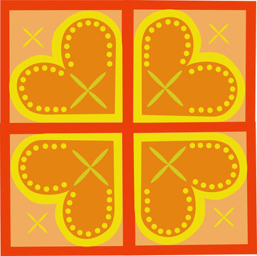 Quatre carrés avec des cœurs, en deux couleurs, entourés de cercles jaunes dont les pointes se rejoignent au centre.	