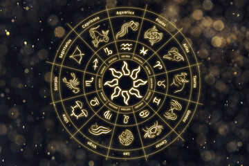 Zodiac wheel showing 12 signs against space