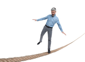 Risks and challenges of owning business. Man balancing on rope against white background