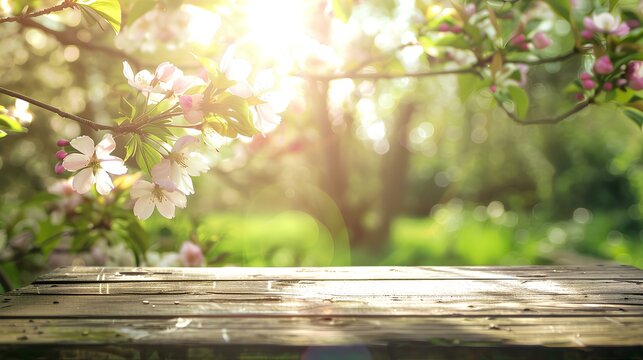 garden scenery in spring with wood table