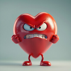 Angry red heart character, 3D render, clenching fists and clamping teeth tight