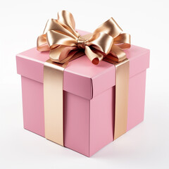 Obraz premium pink gift box with gold bow on white background сreated with Generative Ai