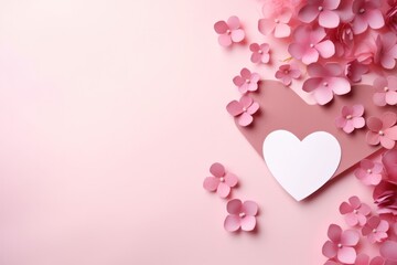 Valentine's Day background. Pink flowers, envelope, hearts on pastel pink background. Valentines day concept. Flat lay