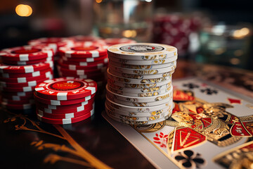 Close-up of vibrant casino chips stacked on a gambling table, colorful chip stacks background and gambler's hands. poker texas hold 'em strategy hand investment investment pot - obrazy, fototapety, plakaty
