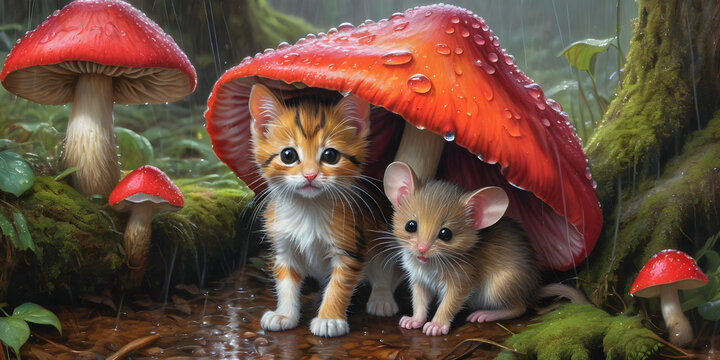 A charmingly soaked kitten and timid field mouse seek refuge from the rain under a grand, scarlet-caped mushroom in the forest. This vivid painting vividly captures the scene with intricate details - 