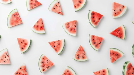 "Assorted watermelon slices scattered on a white surface. Overhead view with a playful arrangement. Fruit pattern and summer picnic concept for design and print"