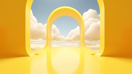 Yellow  3d render, abstract minimal white clouds flying out the tunnel