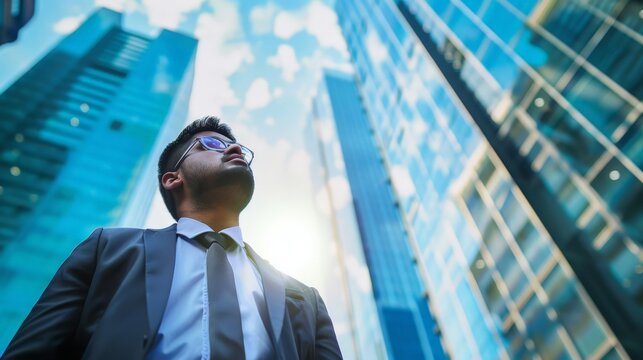 Confident rich eastern Indian business man executive standing in modern big city looking and dreaming of future business success, thinking of new goals, business vision and leadership concept.