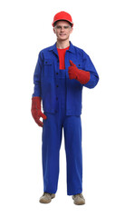 Young man wearing safety equipment and showing thumbs up on white background