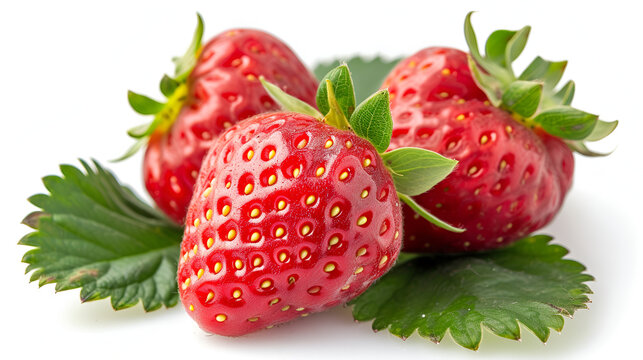 Red Strawberries with green leaf isolate on white background. generative ai