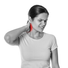 Woman suffering from rheumatism on white background. Black and white effect with red accent in...