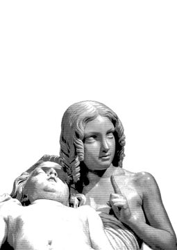 Black and White coloured Statue of angel making shush gesture with child in her lap illustration vectoral horizontal lines